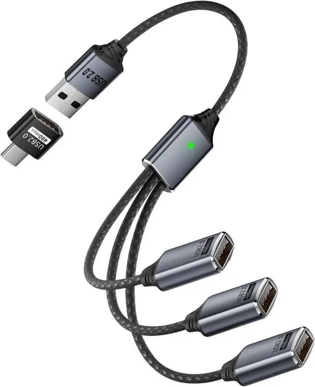 Main image of 3 in 1 USB 2.0 Extension Cable 1 in 3 USB 2.0 Male to 3 Female Splitter Cable 480Mbps 5V3A with A to C Adapter Extend to Type C Male to 3 USB Female C-able for Charging Data Transfer OTG