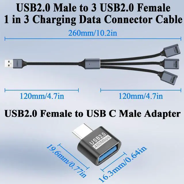 Alt view image 6 of 6 - 3 in 1 USB 2.0 Extension Cable 1 in 3 USB 2.0 Male to 3 Female Splitter Cable 480Mbps 5V3A with A to C Adapter Extend to Type C Male to 3 USB Female C-able for Charging Data Transfer OTG