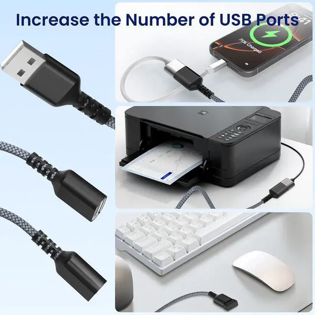 Alt view image 5 of 7 - USB Splitter Cable 1 in 2 Out 3.3FT USB-A Male to Double Female Y Splitter Extension Cord Dual Port Extender Hub Data Power Charger Splitter Adapter for TV PC Laptop MacBook PS4 PS5 Car Mouse