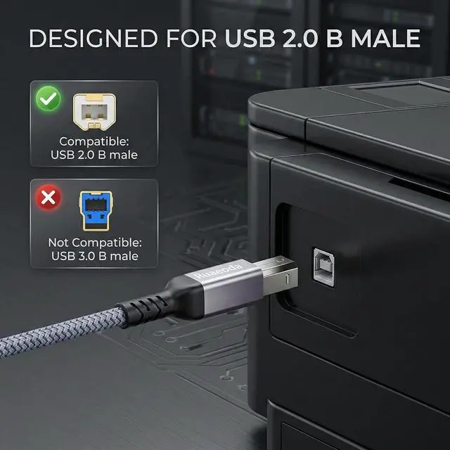 Alt view image 3 of 7 - 10 ft USB Printer Cable Nylon Braided USB 2.0 Type A to B Cord Compatible with DAC & Piano - Space Grey