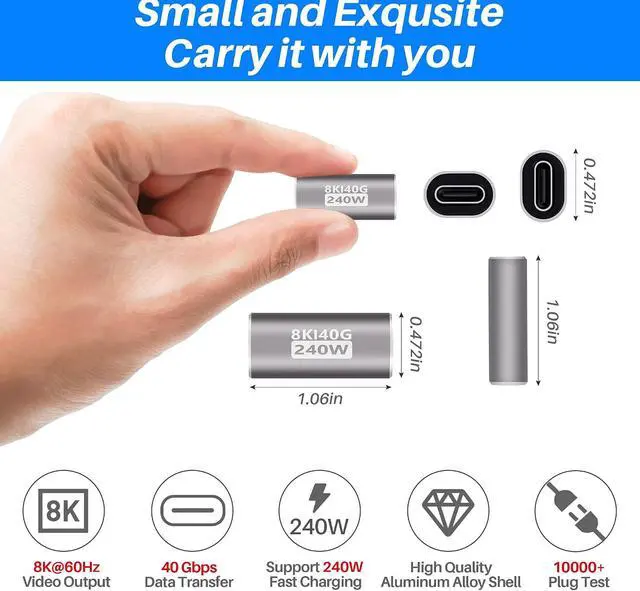 Alt view image 2 of 5 - 240W USB Type-C Coupler 2 Pack USB 4.0 Type C Female to Female Extender Adapter Connector Support 240W PD 3.1 Fast Charging 40Gbps Data Transfer 8K@60Hz Video Output (Compatible with Thunderbolt 4/3)