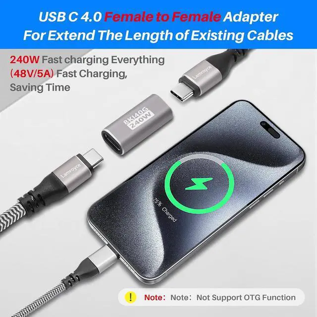 Alt view image 4 of 5 - 240W USB Type-C Coupler 2 Pack USB 4.0 Type C Female to Female Extender Adapter Connector Support 240W PD 3.1 Fast Charging 40Gbps Data Transfer 8K@60Hz Video Output (Compatible with Thunderbolt 4/3)