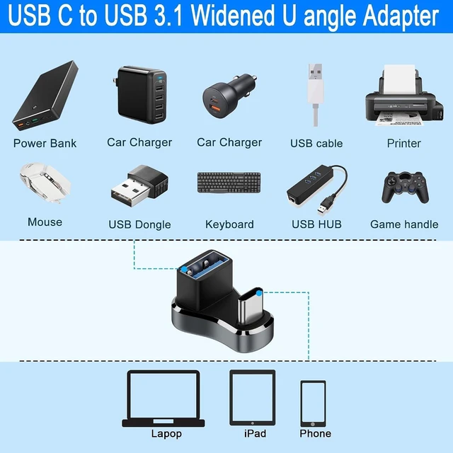 Alt view image 7 of 7 - Wider USB C to USB3.1 U Shaped Angle Adapter 10Gbps Type C Male to USB3.1 Female Wide Distance 180 Degree Connector OTG 36W Charging (C to A) LED/Al Alloy for Steam Deck Smartphone Tablet