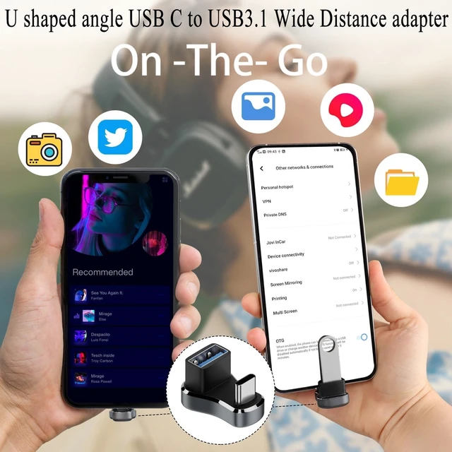 Alt view image 6 of 7 - Wider USB C to USB3.1 U Shaped Angle Adapter 10Gbps Type C Male to USB3.1 Female Wide Distance 180 Degree Connector OTG 36W Charging (C to A) LED/Al Alloy for Steam Deck Smartphone Tablet