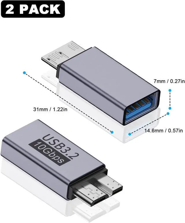 Alt view image 5 of 7 - 10Gbps USB 3.2 to Micro B Adapter USB A Female to USB 3.2 Micro B Male Adapter Type A Female to Male Micro B Connector for Mobile Hard Disk S5 (2 Pack Grey)