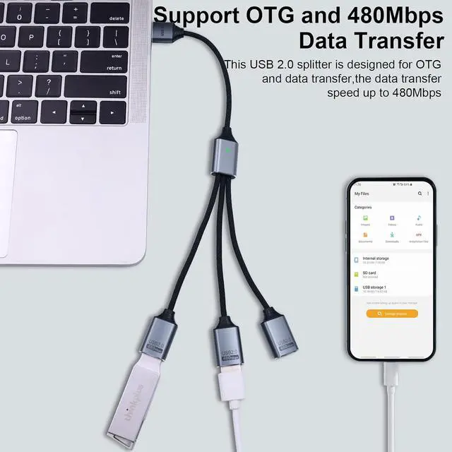 Alt view image 3 of 7 - USB Y Splitter 1 in 3 Out USB Splitter Cable Type A 1 Male to 3 Female Charging Power Data Cable 3 Port HUB for PC Laptop MacBook Keyboard PS5 Flash Drive LED 25cm