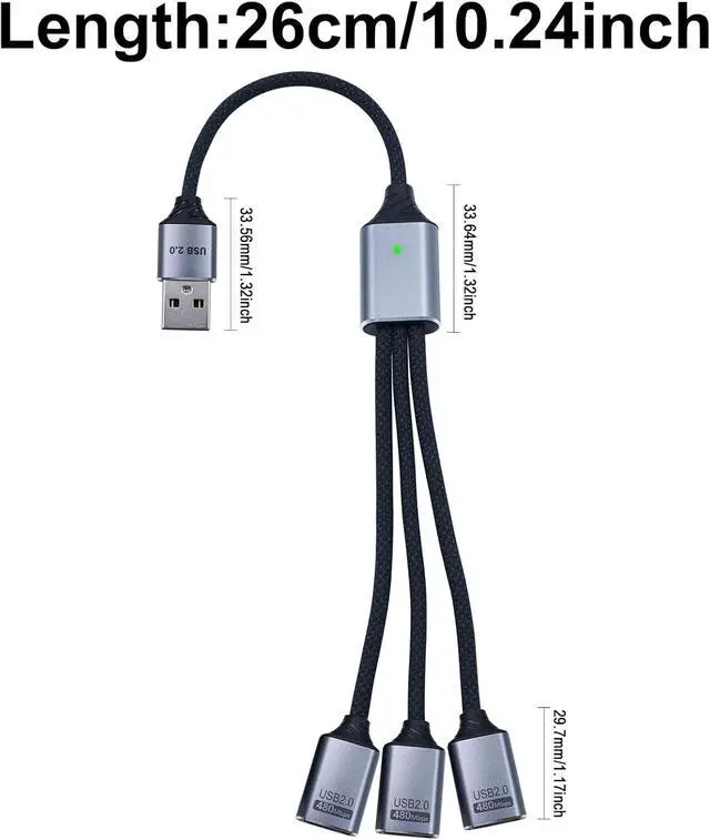 Alt view image 7 of 7 - USB Y Splitter 1 in 3 Out USB Splitter Cable Type A 1 Male to 3 Female Charging Power Data Cable 3 Port HUB for PC Laptop MacBook Keyboard PS5 Flash Drive LED 25cm