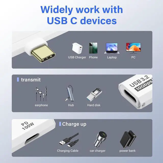 Alt view image 7 of 7 - USB C 3.2 Adapter 10Gbps USB C Male to Female with 100W PD Power Supply Adapter for Laptop Tablet Phone - White