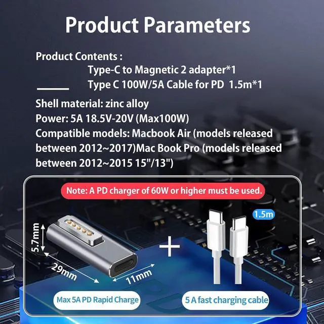 Alt view image 2 of 7 - Magnetic USB C to Magnetic 2 Male to Female Adapter Safe 2 PD 100W Power Fast Charging Converter for 2013-2015 MacBook Pro Air with 100W/5A USB C Cable (1.5M)