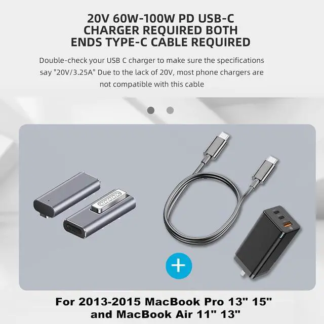 Alt view image 6 of 7 - Magnetic USB C to Magnetic 2 Male to Female Adapter Safe 2 PD 100W Power Fast Charging Converter for 2013-2015 MacBook Pro Air with 100W/5A USB C Cable (1.5M)