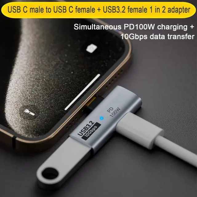 Alt view image 2 of 6 - USB C 1 in 2 Charging OTG Adapter USB C Male to USB C Female & USB3.2 Female 90° Angle Connector Same time USB C PD100W Charging+USB3.2 10Gpbs Transfer/OTG for Phone Tablet Steam Deck