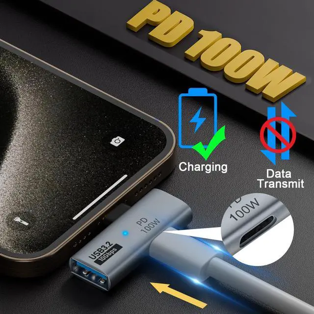 Alt view image 4 of 6 - USB C 1 in 2 Charging OTG Adapter USB C Male to USB C Female & USB3.2 Female 90° Angle Connector Same time USB C PD100W Charging+USB3.2 10Gpbs Transfer/OTG for Phone Tablet Steam Deck