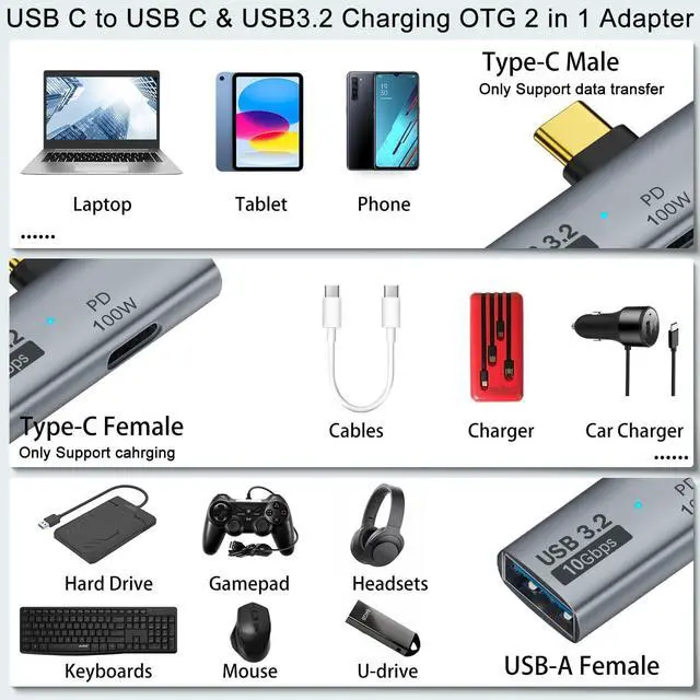 Alt view image 5 of 6 - USB C 1 in 2 Charging OTG Adapter USB C Male to USB C Female & USB3.2 Female 90° Angle Connector Same time USB C PD100W Charging+USB3.2 10Gpbs Transfer/OTG for Phone Tablet Steam Deck