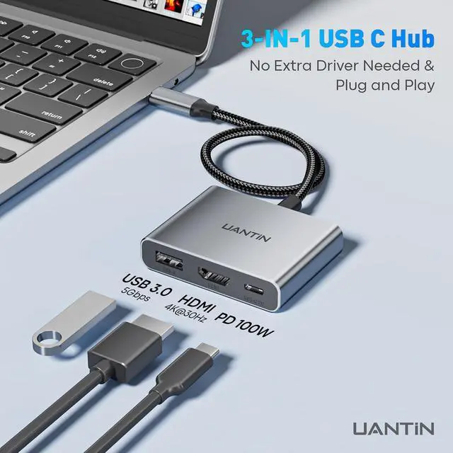 Alt view image 2 of 7 - USB C to HDMI Adapter 4K USB Type C to HDMI Multiport Digital AV Converter with 100W PD USB 3.0 Port USB-C Hub Dongle for MacBook Neo/Pro/Air iPad Tablets TV Monitor (Gray)