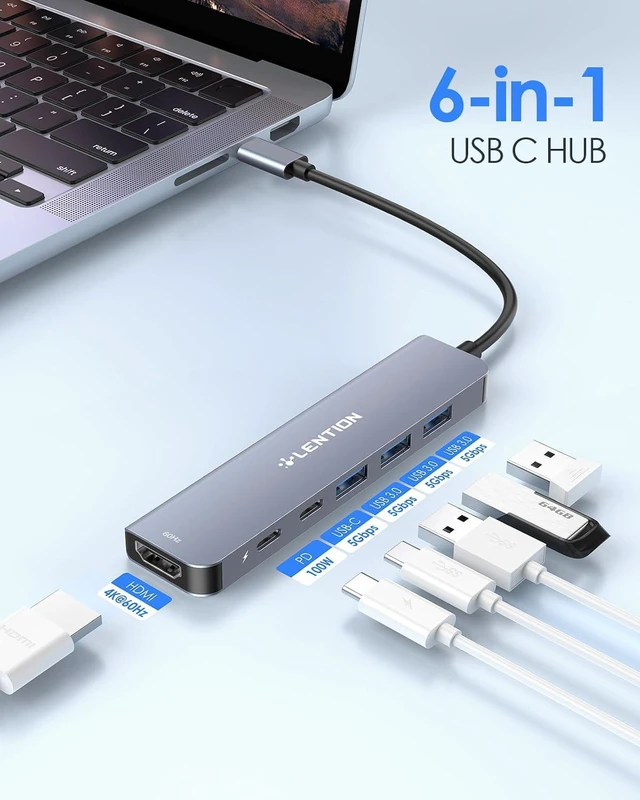 Alt view image 2 of 7 - LENTION 6-in-1 USB C Hub, 4K@60Hz HDMI, 100W PD, 3 USB 3.0, USB-C Data