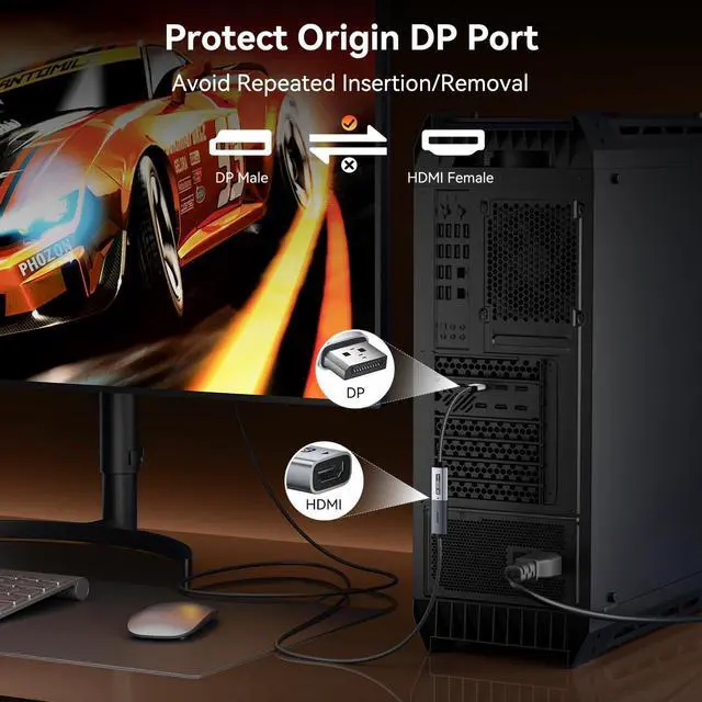Alt view image 3 of 7 - DisplayPort 1.4 to HDMI 2.1 Adapter 8K@60Hz/4K@240Hz/1080P@480Hz Unidirectional DP Computer to HDMI Monitor High-Spec Converter for Gaming Monitor TV