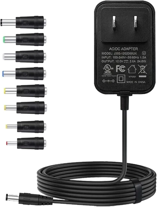 Main image of 12V Power Supply 2A 12 Volt AC Adapter 100-240v 50-60hz Switching Adapter with 5.5 x 2.1mm DC Plug and 8 Tips Power Cord for LED Strip Light CCTV Camera Router BT Speaker DC12V Transformer 1.5m