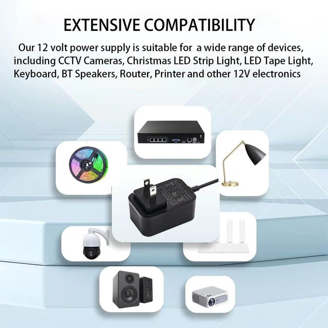 Alt view image 6 of 7 - 12V Power Supply 2A 12 Volt AC Adapter 100-240v 50-60hz Switching Adapter with 5.5 x 2.1mm DC Plug and 8 Tips Power Cord for LED Strip Light CCTV Camera Router BT Speaker DC12V Transformer 1.5m