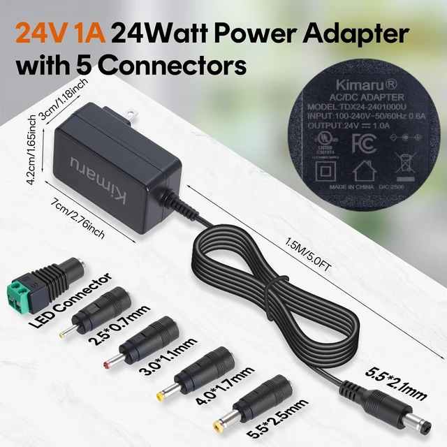 Alt view image 2 of 5 - 24V 1A Power Adapter UL Listed 24V 1000mA AC to DC Power Supply with 5 Tips for LED Strip Lights Routers Modems CCTV Cameras Security Devices