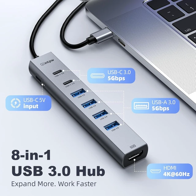 Alt view image 2 of 7 - intpw USB C Hub, 8-in-1 Multiport Adapter with 4K@60Hz HDMI, 4 USB 3.0 5Gbps Ports, 2 USB-C Ports, Aluminum Type C Hub for MacBook Pro/Air, iPad, Laptop, PC