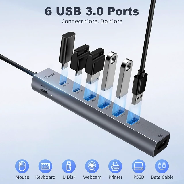 Alt view image 5 of 7 - intpw USB C Hub, 8-in-1 Multiport Adapter with 4K@60Hz HDMI, 4 USB 3.0 5Gbps Ports, 2 USB-C Ports, Aluminum Type C Hub for MacBook Pro/Air, iPad, Laptop, PC