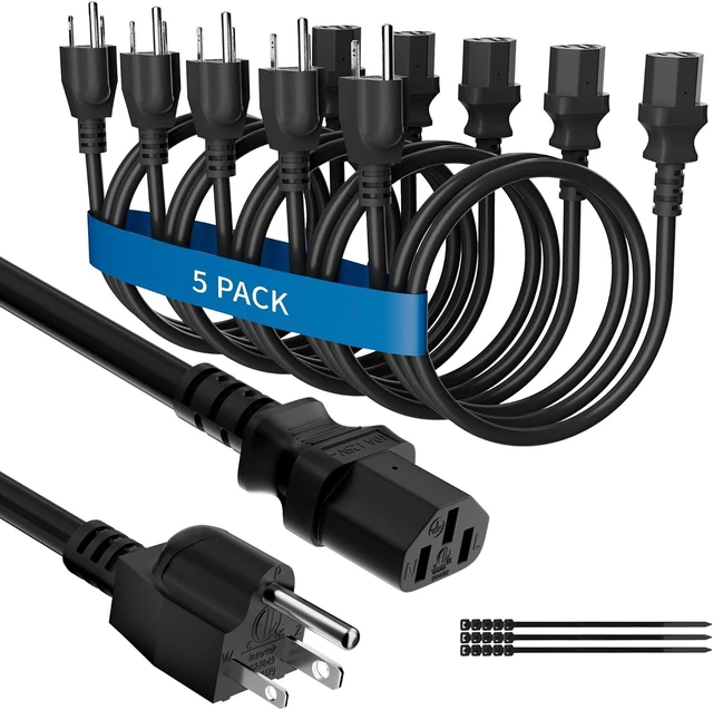 Main image of Computer TV Monitor Replacement Power Cord 3 Ft/5 Pack 3-Prong AC Universal Power Supply Cable 5-15P to IEC 320 C13 C14 SJT 18AWG 10A/125V for Treadmill Printer PC Desktop+Ties-ETL-Black