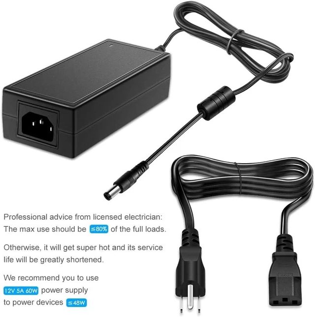 Alt view image 6 of 7 - 12V 5A 60W Power Supply Adapter AC DC Converter 100V~240V to 12 Volt 5 Amp Transformer 5.5x2.5mm Plug for 5050 3528 LED Strip Light 3D Printer LED Driver CCTV Security System LCD Monitor