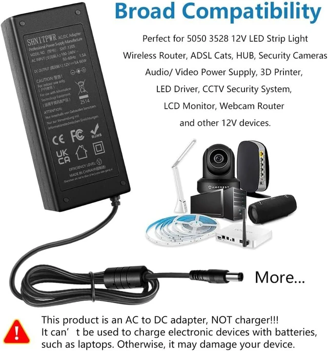 Alt view image 7 of 7 - 12V 5A 60W Power Supply Adapter AC DC Converter 100V~240V to 12 Volt 5 Amp Transformer 5.5x2.5mm Plug for 5050 3528 LED Strip Light 3D Printer LED Driver CCTV Security System LCD Monitor