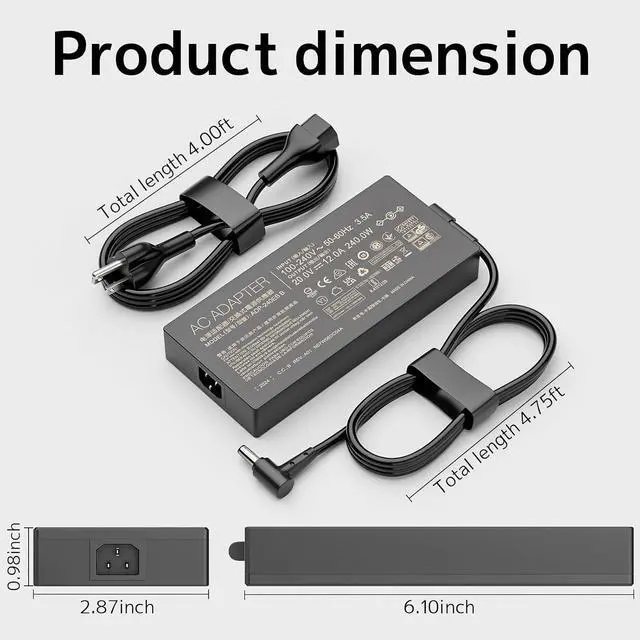 Alt view image 3 of 7 - 240W 20V 10A laptop Charger Fit for Asus Rog Zephyrus Duo 15 G14 GA402 G15 G16 M16 GU603; Vivobook Pro 15X 16X S15 S17 GX502; Flow X16 GV601 TUF A15 A17 F15 F16 F17 AC Adapter ADP-240EB B Power Supply