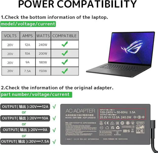 Alt view image 4 of 7 - 240W 20V 10A laptop Charger Fit for Asus Rog Zephyrus Duo 15 G14 GA402 G15 G16 M16 GU603; Vivobook Pro 15X 16X S15 S17 GX502; Flow X16 GV601 TUF A15 A17 F15 F16 F17 AC Adapter ADP-240EB B Power Supply