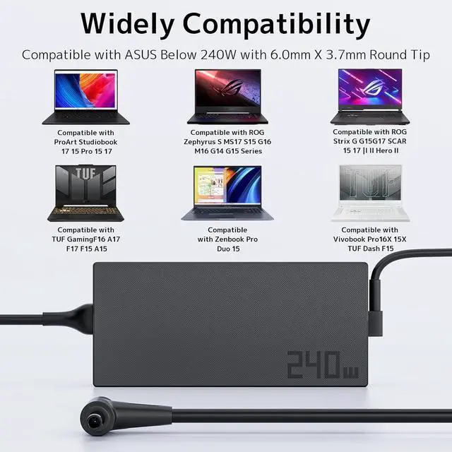 Alt view image 5 of 7 - 240W 20V 10A laptop Charger Fit for Asus Rog Zephyrus Duo 15 G14 GA402 G15 G16 M16 GU603; Vivobook Pro 15X 16X S15 S17 GX502; Flow X16 GV601 TUF A15 A17 F15 F16 F17 AC Adapter ADP-240EB B Power Supply