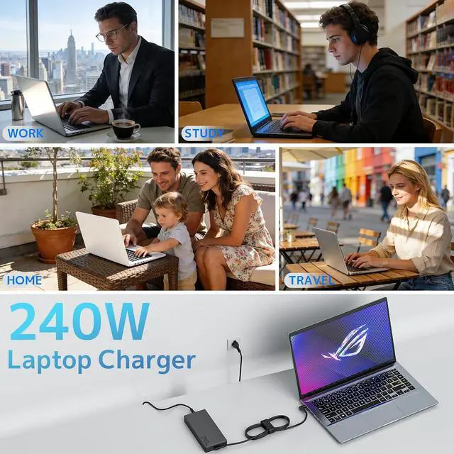 Alt view image 6 of 7 - 240W 20V 10A laptop Charger Fit for Asus Rog Zephyrus Duo 15 G14 GA402 G15 G16 M16 GU603; Vivobook Pro 15X 16X S15 S17 GX502; Flow X16 GV601 TUF A15 A17 F15 F16 F17 AC Adapter ADP-240EB B Power Supply