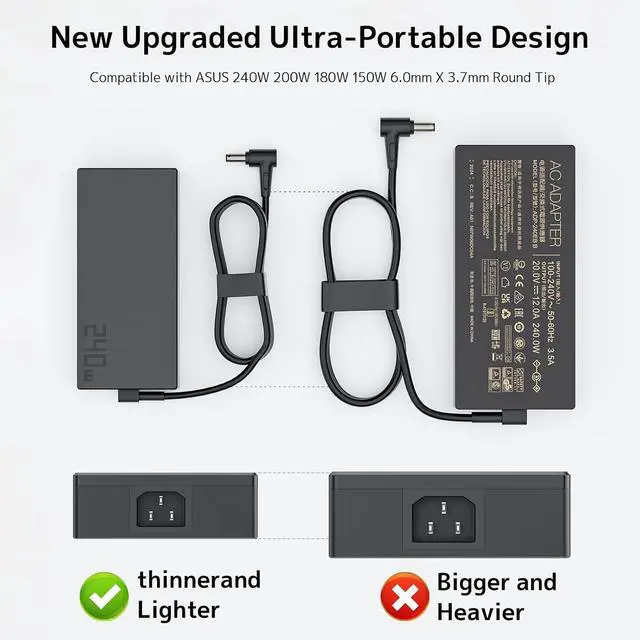 Alt view image 7 of 7 - 240W 20V 10A laptop Charger Fit for Asus Rog Zephyrus Duo 15 G14 GA402 G15 G16 M16 GU603; Vivobook Pro 15X 16X S15 S17 GX502; Flow X16 GV601 TUF A15 A17 F15 F16 F17 AC Adapter ADP-240EB B Power Supply