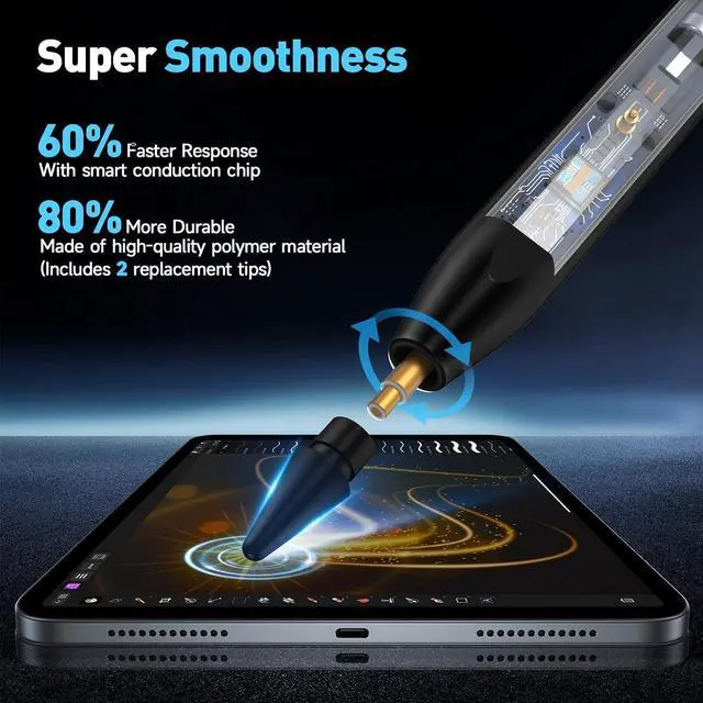 Alt view image 4 of 7 - Stylus Pen for iPad 11/10/9/8/7/6th Gen (2018-2025) Fast Charge Magenetic Pencil with Tilt Sensitivity & Palm Rejection for iPad Air 3/4/5/M2/M3 Mini 5/6/7 Pro 11/12.9/M4/M5 Black
