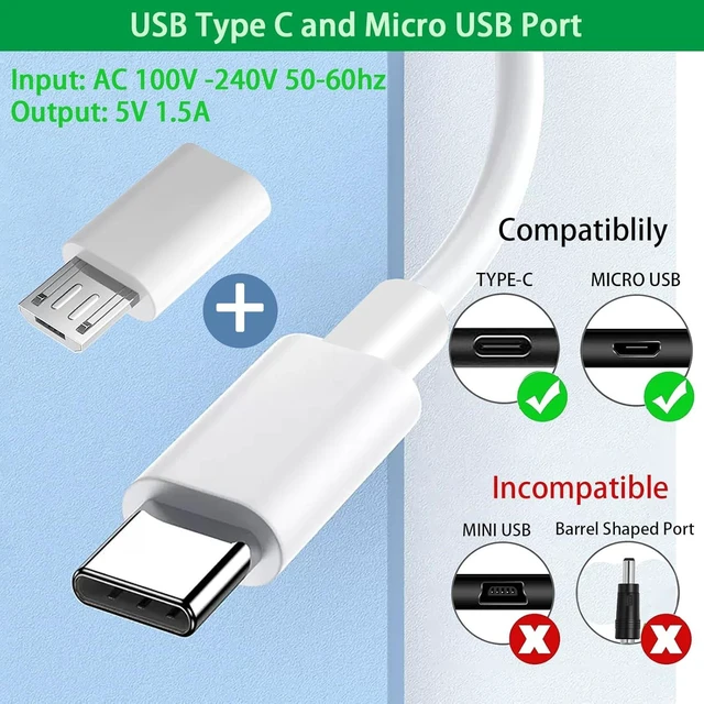 Alt view image 2 of 7 - 5V 1.5A Power Supply DC 5Volt Charger with Type C and Micro USB Ports for 5 Volt Kindle Smartphones Cameras LED Strips Android Tablets etc. AC 100-240V to DC 5V 1.5A 1A 0.5A 7.5W Power Adapter.