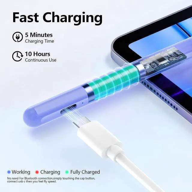 Alt view image 3 of 7 - Stylus Pen for iPad 6th-11th Generation-2X Fast Charge Active Pencil Compatible with 2018-2026 iPad Pro 11/12.9/M4 iPad Air 3/4/5/M2/M3/M4 iPad mini 5/6/7 Gen-Purple
