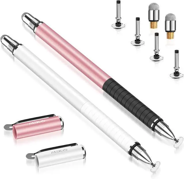 Main image of Stylus Pens for Touch Screens 2 in 1 Universal Disc Stylus Pens for iPhone iPad and All Capacitive Cell Phones Tablets Laptops Bundle with 6 Replacement Tips - (2 Pcs White/Rose Gold)