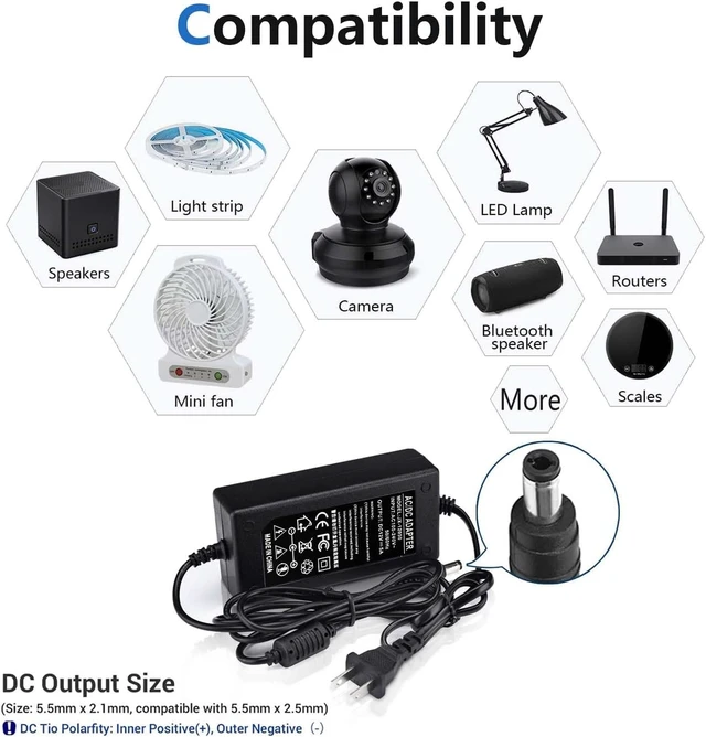 Alt view image 2 of 5 - 12V 5A Power Adapter 60W AC/DC Converter Suitable for LED Strips Surveillance Cameras and Computer Monitors. Features a 5.5x2.5mm Connector and a 2.1mm Plug.