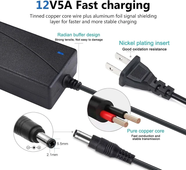 Alt view image 3 of 5 - 12V 5A Power Adapter 60W AC/DC Converter Suitable for LED Strips Surveillance Cameras and Computer Monitors. Features a 5.5x2.5mm Connector and a 2.1mm Plug.