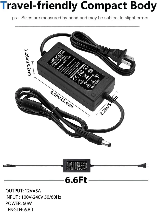 Alt view image 5 of 5 - 12V 5A Power Adapter 60W AC/DC Converter Suitable for LED Strips Surveillance Cameras and Computer Monitors. Features a 5.5x2.5mm Connector and a 2.1mm Plug.