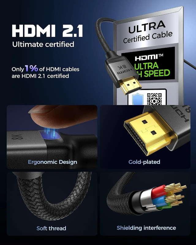 Alt view image 7 of 7 - Certified HDMI 2.1 Cable Ultra High Speed 48Gbps Braided HDR 5FT