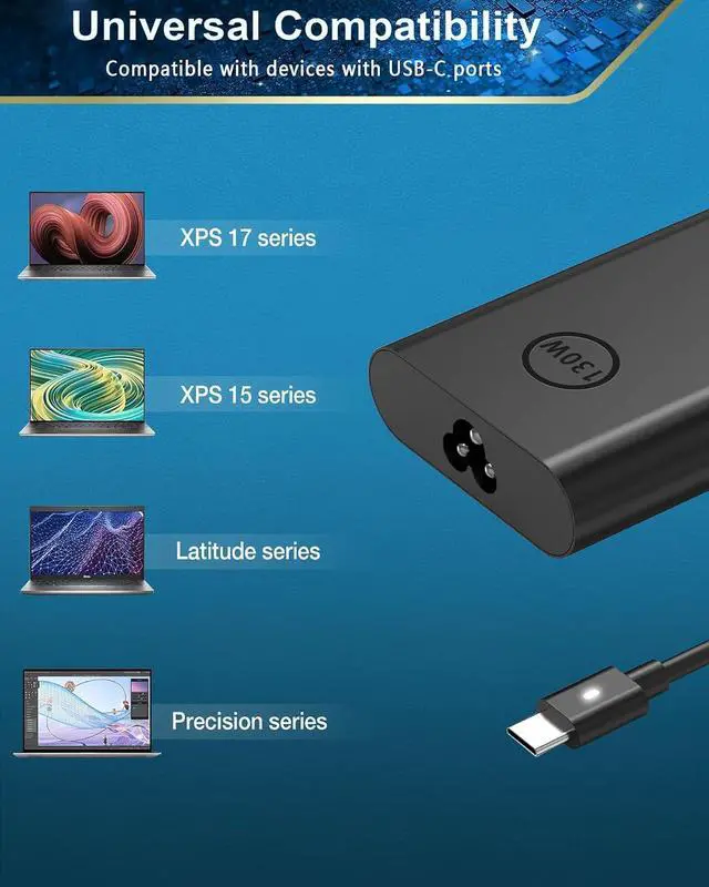Alt view image 3 of 6 - 130W USB C Laptop Charger Compatible with Dell Precision 5570 5560 5550 5530 5760 5750 3560 Latitude 7410 7310 7210 9410 9510 5420 5520 5510 XPS 15 17 2in1 9575 9500 9700 Power Cord