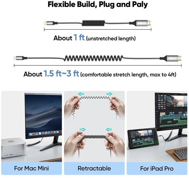 Alt view image 2 of 7 - 4K USB C to HDMI Coiled Cable 1FT-3FT, USBC Type C to HDMI Cable