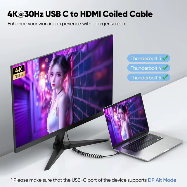 Alt view image 3 of 7 - 4K USB C to HDMI Coiled Cable 1FT-3FT, USBC Type C to HDMI Cable
