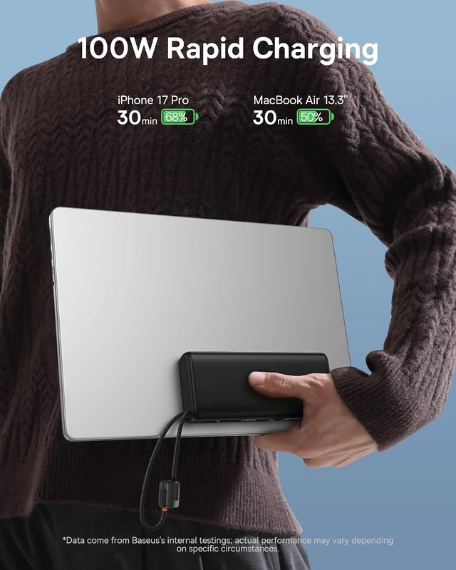 Alt view image 2 of 7 - Portable Charger with Built in Cable 100W Laptop Power Bank 20000mAh Travel Essential Fast Charging USB C Battery Pack for MacBook iPhone 18/17/16 Series Galaxy S25/24 TSA-Approved