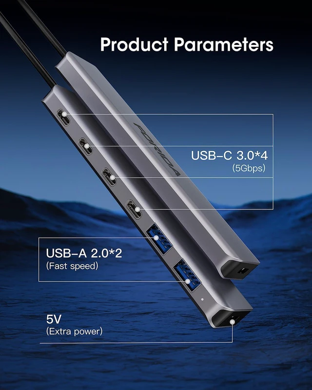 Alt view image 4 of 7 - FORIDA 7-in-1 USB Hub, Aluminum Multi-Port USB 3.0 Hub with 3.9FT Long Cable, 4 USB-C 3.0(5Gbps), 2 USB-A 2.0 Ports & 1 Type-C 5V Power Port, USB Extender for Desktop Computer PC Laptop
