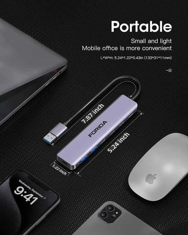 Alt view image 5 of 7 - FORIDA USB 3.0 Hub to USBA, 7 in 1 USB Splitter with Ultra-Slim 4 USB C Multiport Expander Adapter for Laptop Desktop and More Type-C Multiple Devices (Gray)