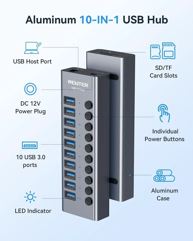 Alt view image 2 of 7 - Powered USB 3.0 Hub, Wenter 10 Ports 36W Powered USB Hub, Aluminum USB Splitter with Individual On/Off Switches, SD/TF Card Readers and 12V/3A Power Adapter for PC/Laptops/MacBook Pro/Air/iMac/iPad