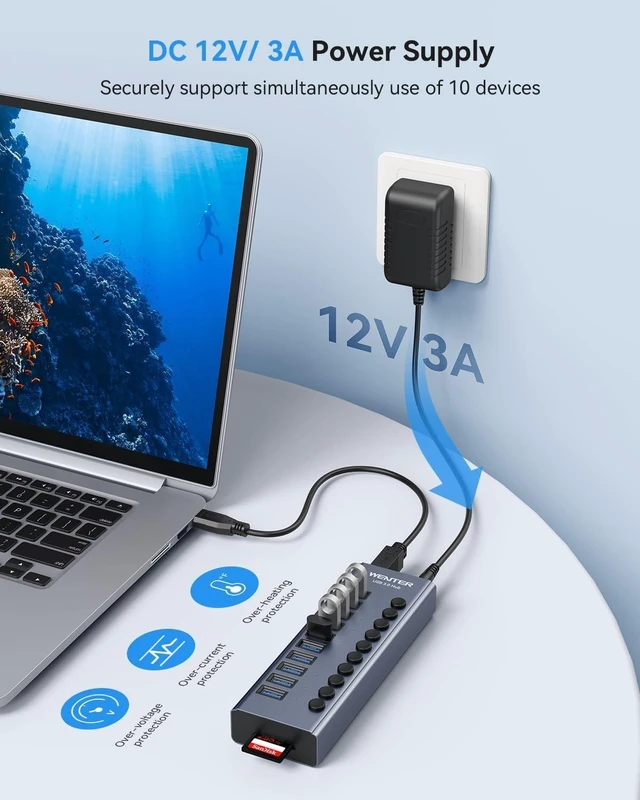 Alt view image 4 of 7 - Powered USB 3.0 Hub, Wenter 10 Ports 36W Powered USB Hub, Aluminum USB Splitter with Individual On/Off Switches, SD/TF Card Readers and 12V/3A Power Adapter for PC/Laptops/MacBook Pro/Air/iMac/iPad