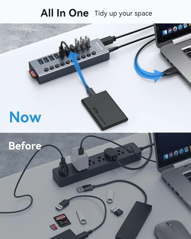 Alt view image 5 of 7 - Powered USB 3.0 Hub, Wenter 10 Ports 36W Powered USB Hub, Aluminum USB Splitter with Individual On/Off Switches, SD/TF Card Readers and 12V/3A Power Adapter for PC/Laptops/MacBook Pro/Air/iMac/iPad